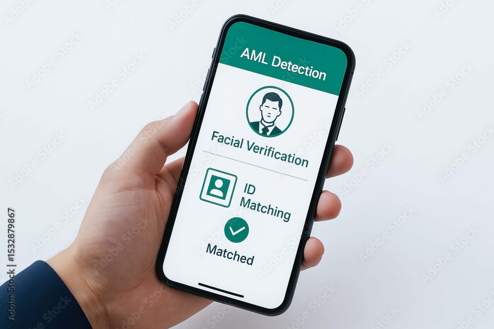 Poster aml detection facial verification and id matching compliance process shown on smartphone screen, hig