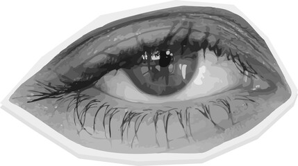 Stylized grayscale eye decal is showing detailed lashes, iris highlights, transparent background