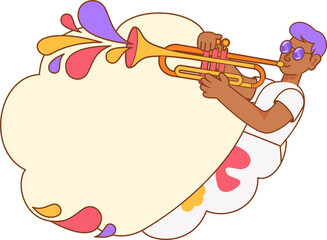 Flat design is showing musician playing brass trumpet emitting colorful splashes on transparent bg