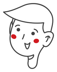 Simple line art face is floating on transparent background showing side-swept hair and red blush