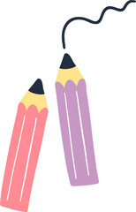 Flat design two pink and lavender pencils floating over transparent backdrop, drawing wavy line