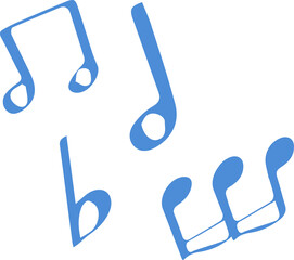 Stylized blue musical notes and flat sign are floating over transparent background, flat design