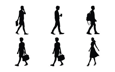 Dynamic vector silhouettes of people: a diverse group of men and women, including business professionals, standing, walking, and posing in various fashions