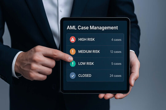 AML case management dashboard showing anti money laundering compliance risk levels high risk medium risk low risk and closed cases on digital tablet held by businessperson