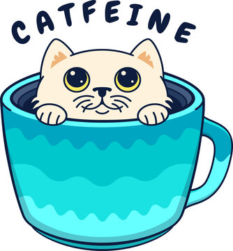 Fototapeta Cat is peeking from turquoise coffee cup in flat, showing Catfeine text on transparent background