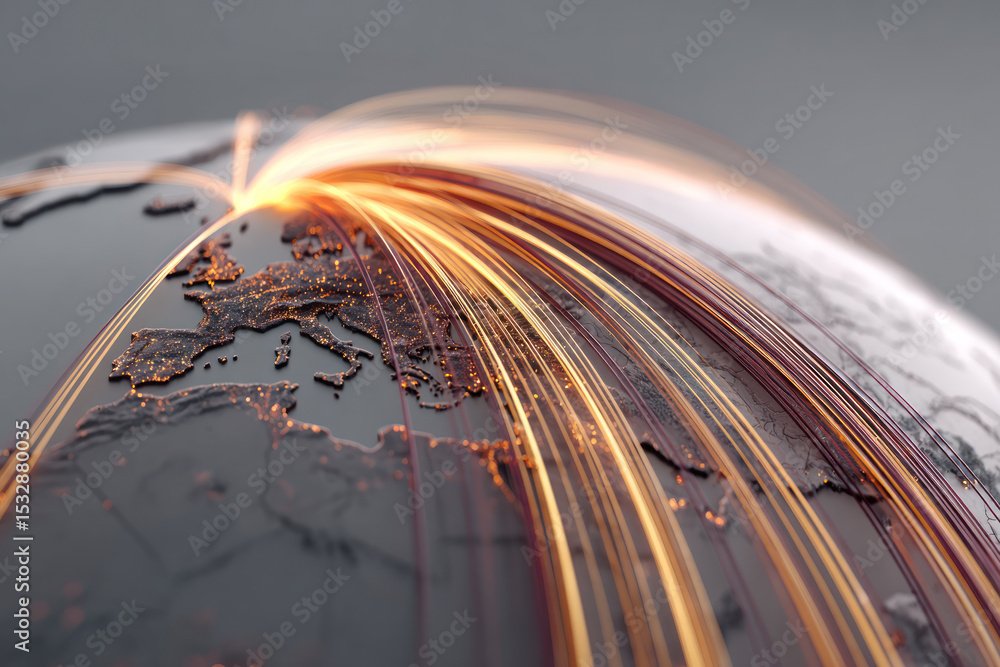 Poster illuminated pathways represent global connectivity, highlighting data transfer across continents wit