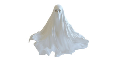 Spooky white ghost figurine floating mid-air with eerie Halloween ambiance isolated on transparent background PNG