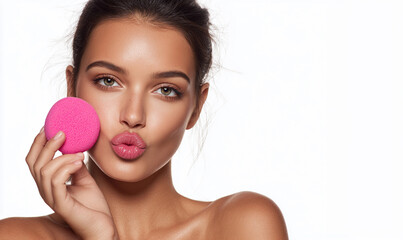 Eastern woman posing with a pink cosmetic sponge on white background. Cosmetics, make-up and beauty routine concept. Studio portrait for banner, commercial with copy space