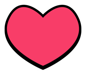Red heart icon is floating in flat design with black outline, white border, transparent background