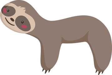Cartoon sloth is smiling in flat design with brown fur, dark eye patches, transparent background