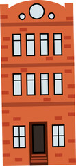 Obraz premium Cartoon art showing red brick facade with door, multi-pane circular windows, transparent background
