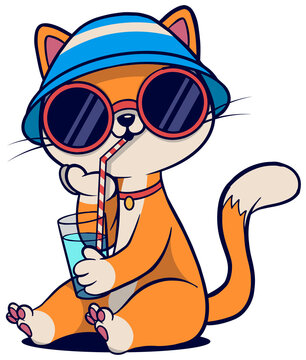 Fototapeta Flat design cat is sipping blue drink from glass, wearing bucket hat  and  shades, transparent backd