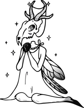 Mythical creature is kneeling in gown on transparent bg with horned skull, wings, beads, sparkles