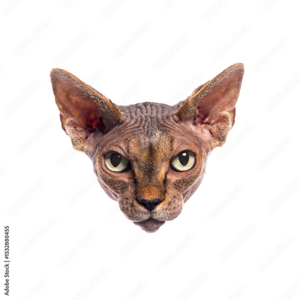 Poster sphynx cat looking with intense gaze on white background