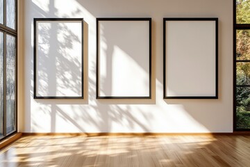 Bright wall with three large empty frames in a modern room illuminated by sunlight, Three large empty frames hang on bright, sunlit wall in modern room with wooden floors