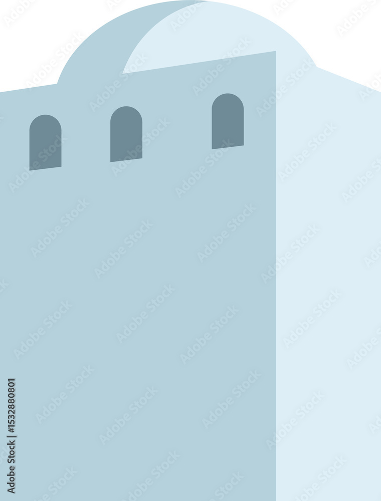 Poster showing two-block building in vector art with dome and three arches on clear background, copy space