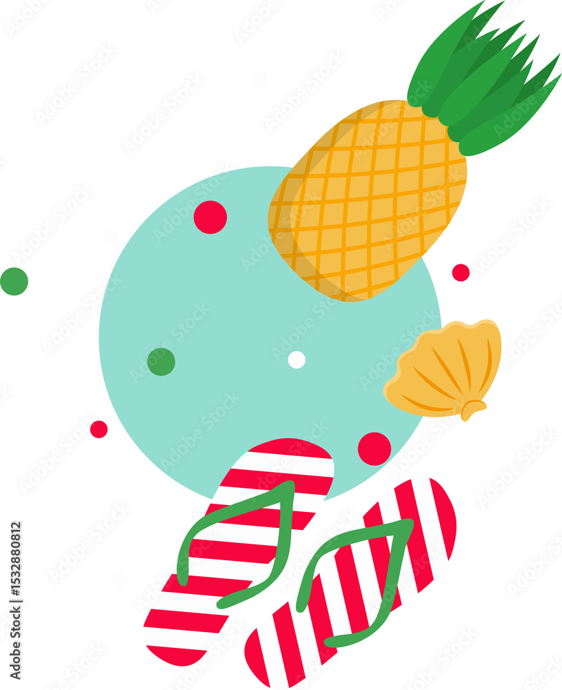 Poster flat design pineapple, flip-flops, seashell are floating around mint circle on transparent backdrop