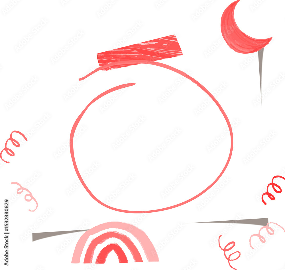 Poster flat doodle frame is floating on transparent backdrop, showing red-pink scribble and ribbon accents