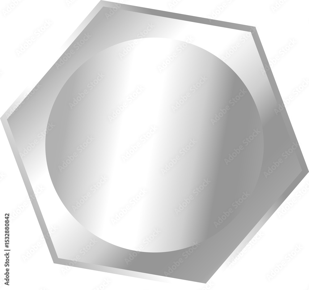 Poster 3d-rendered metallic hexagon showing beveled edges and circular center on transparent backdrop