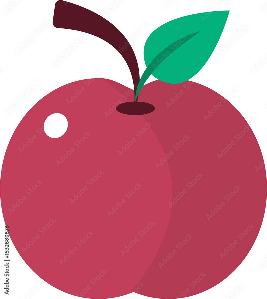 Poster red apple is being shown in flat design with stem leaf highlight shading on transparent background