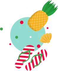 Gardinen Flat design pineapple, flip-flops, seashell are floating around mint circle on transparent backdrop © vectorfusionart