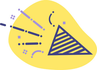 Flat icon striped party popper is releasing purple confetti over yellow blob transparent background