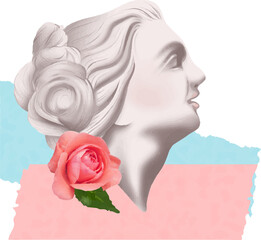 Classical-style bust is floating on transparent bg, design with rose and torn pastel rectangles
