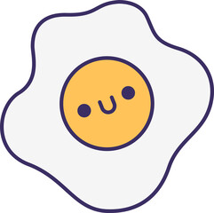 Flat cartoon fried egg is showing kawaii yolk wavy outline on transparent background, copy space