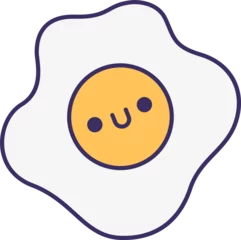 Fotobehang Flat cartoon fried egg is showing kawaii yolk wavy outline on transparent background, copy space © vectorfusionart