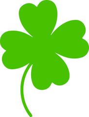 Featuring flat green four-leaf clover emblem with heart shaped leaves on transparent background