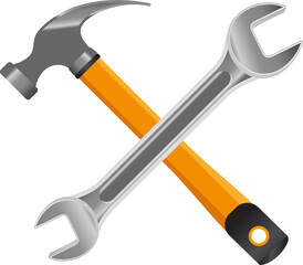 Crossed hammer and wrench is being shown in vector style, glossy finish on transparent background