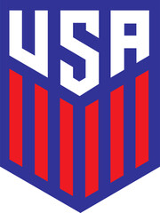 Shield-shaped USA emblem is showing blue outline white letters and red bars on transparent canvas
