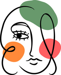 Stylized abstract face is being drawn with single line and color shapes on transparent background