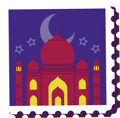 Flat design mosque is showing domes, minarets, moon, stars in jagged stamp border, transparent