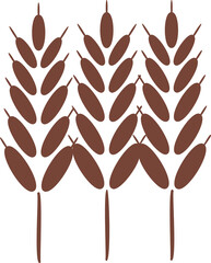 Three stylized wheat stalks are standing in flat minimal vector design with transparent background