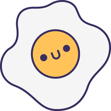 Flat cartoon fried egg is showing kawaii yolk wavy outline on transparent background, copy space
