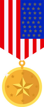 Naklejki Gold star medal is hanging in flat with border stars, flag ribbon, sparkle, transparent background
