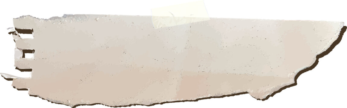 Torn notebook paper fragment is floating on transparent background in flat design with masking tape
