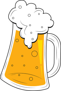 Naklejki Cartoon beer mug is tipping with rising bubbles in amber foam, transparent background, copy space