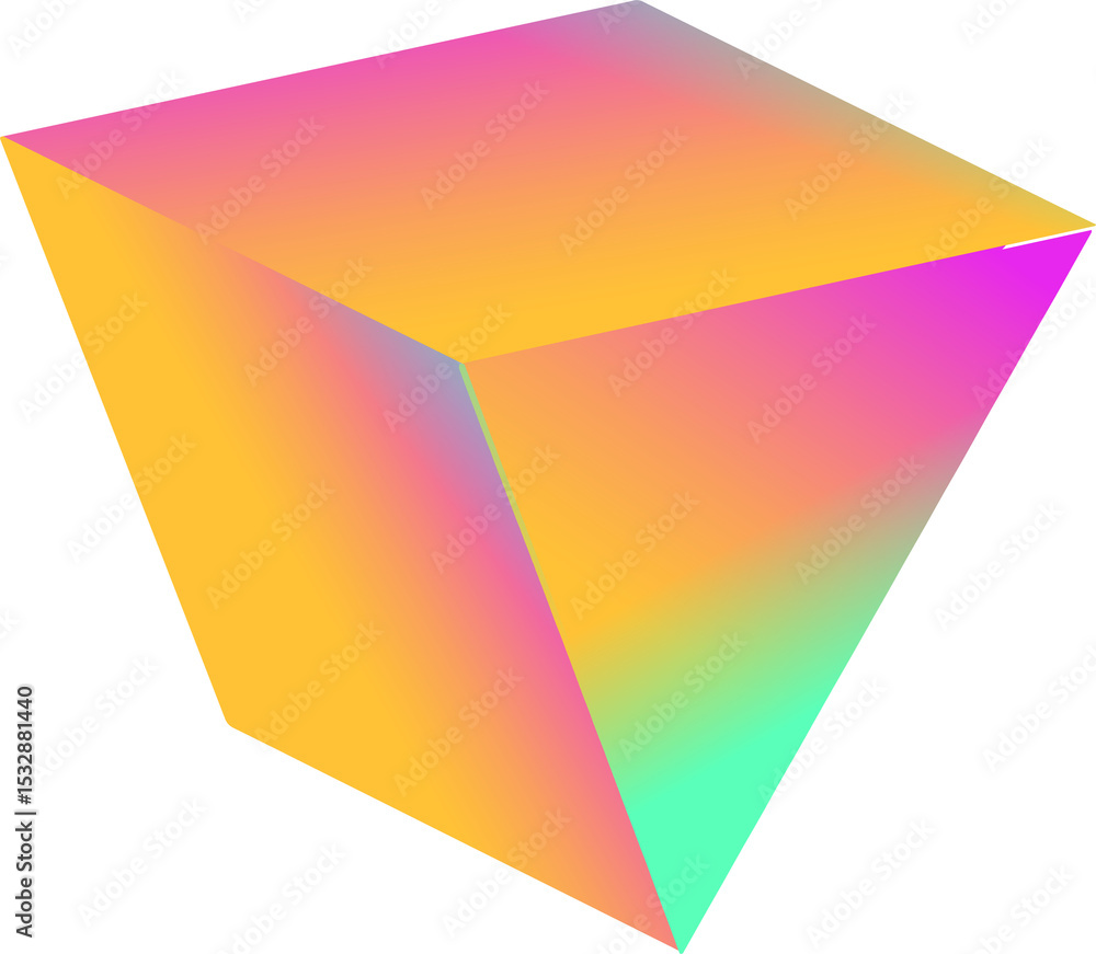 Poster gradient 3d polyhedron is floating against transparent backdrop, showing truncated pyramid shape