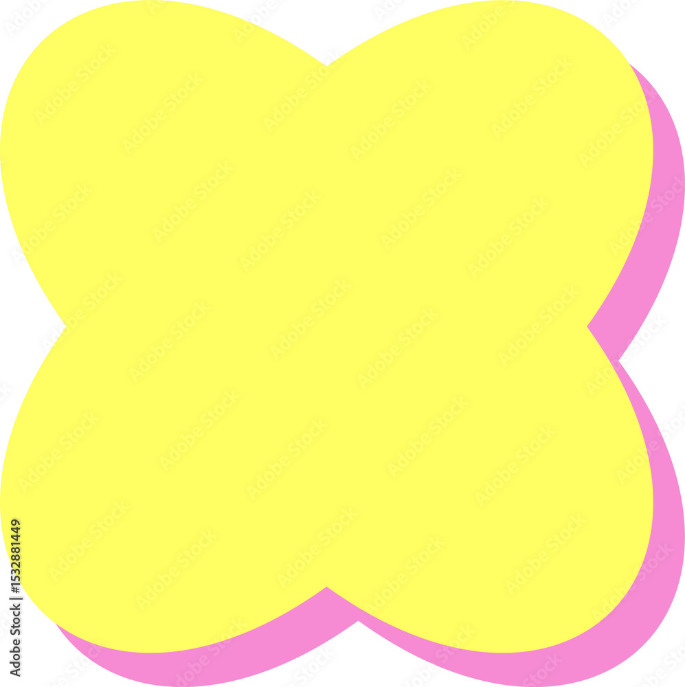 Poster flat design clover-like shape is showing bright yellow and pink drop shadow, transparent background