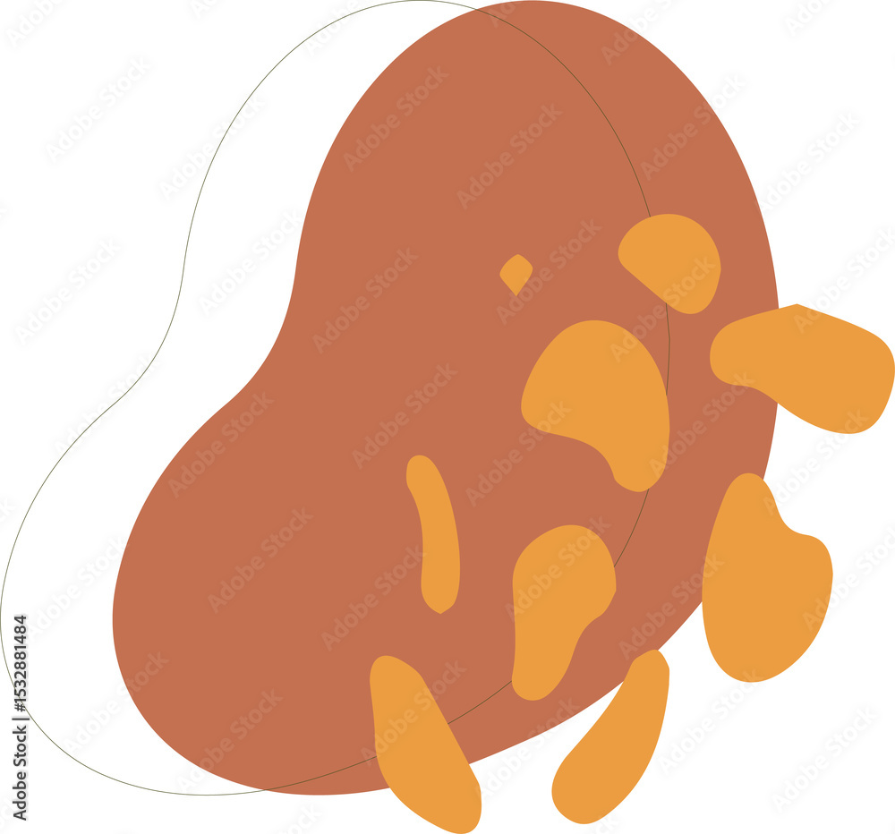 Poster flat art showing rust blob overlapping oval line with mustard drops on transparent background