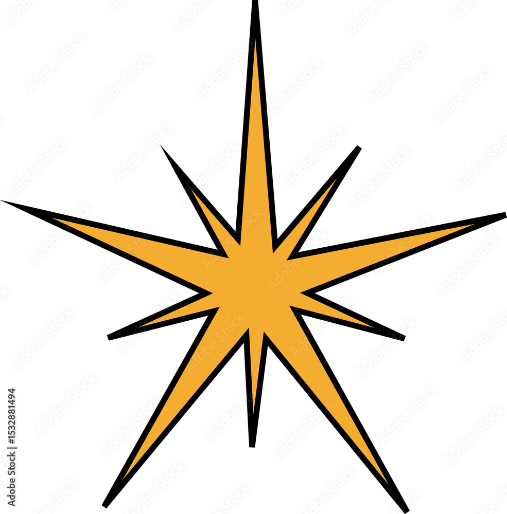 Aufkleber displaying flat golden orange 8-pointed star with alternating long or short rays on transparent canv