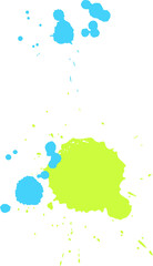 Flat design paint splatters forming neon green blotch and cyan droplets, transparent background