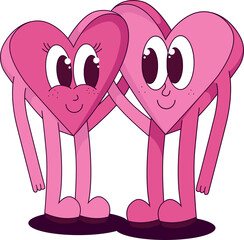 Flat pink hearts are holding hands smiling with oval eyes casting shadows on transparent background