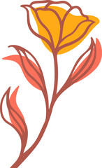 Flower stem is growing in flat design with yellow bloom and coral leaves, transparent background