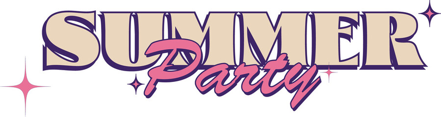 Stylized Summer Party logo is glowing in flat design with neon sparkles, transparent background