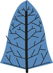 Flat design blue leaf is being shown on transparent background, showing branching black veins