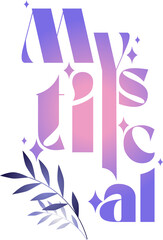 Showing flat abstract letters with pink purple gradient, sparkle icons, leaf branch on transparent