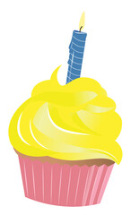 Flat design cupcake is showing on transparent background with pink liner, yellow swirl, blue candle